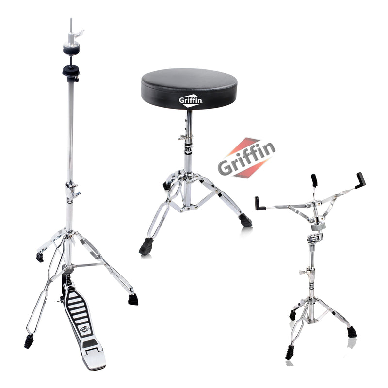 Drum Hardware Set - Hi-Hat Stand, Drummer's Throne Seat & Snare Stand (3-Piece Kit) by GRIFFIN - Deluxe Chrome Slip-Proof Gear Holder Percussion Kit for Mounting Hi-Hat Cymbals & Snare Drums