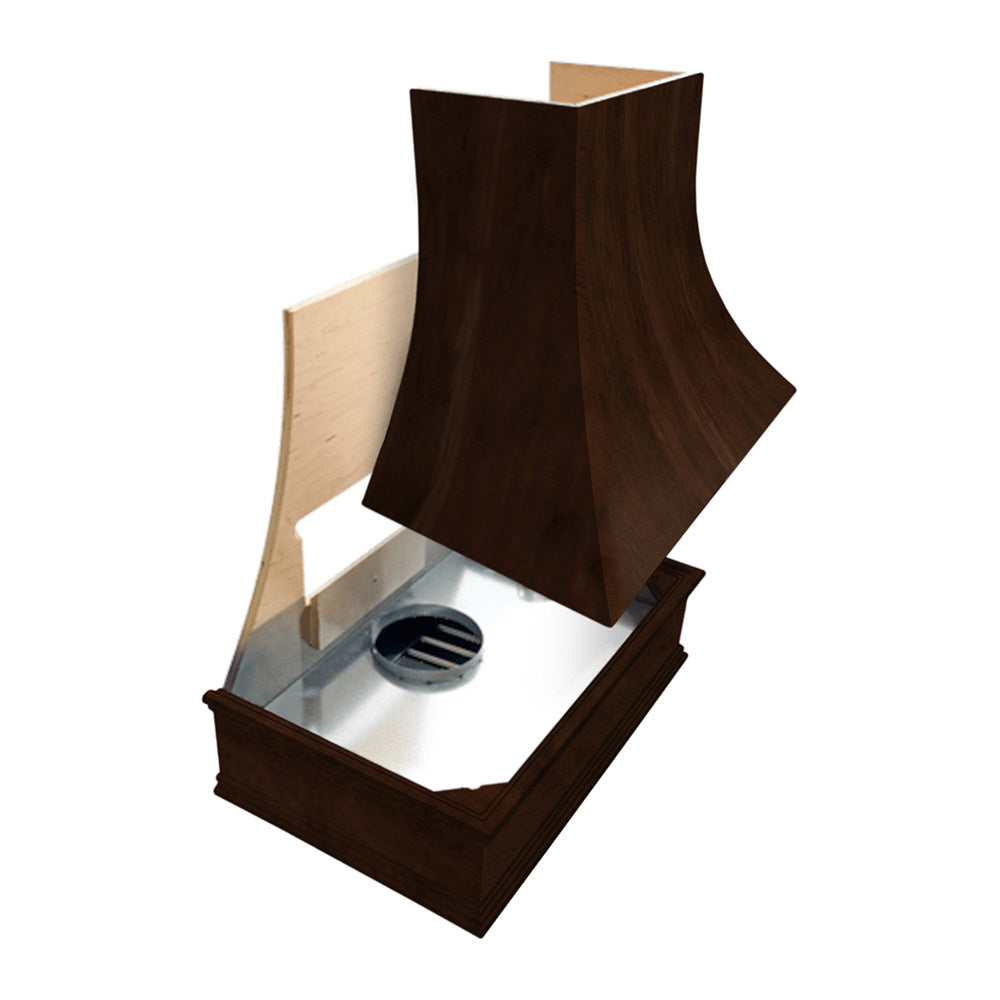 Wood Range Hood With Curved Front and Brass Strapping and Flat Trim - 30" 36" 42" 48" 54" and 60" Widths Available