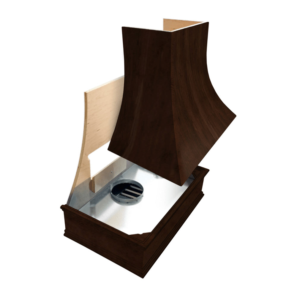 Wood Range Hood With Curved Front, Brass Strapping and Buttons - 30", 36", 42", 48", 54" and 60" Widths Available