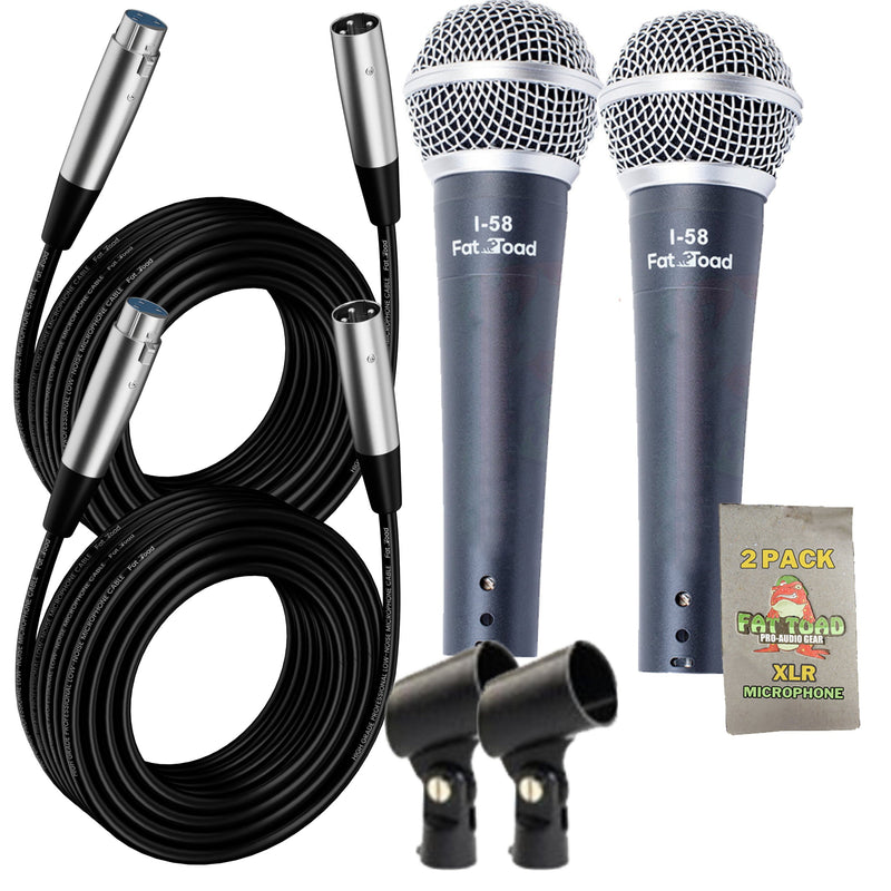 Vocal Microphones with XLR Mic Cables & Clips (2 Pack) FAT TOAD - Cardioid Dynamic Handheld for Home Studio Recording Package, Live Stage DJ Singing
