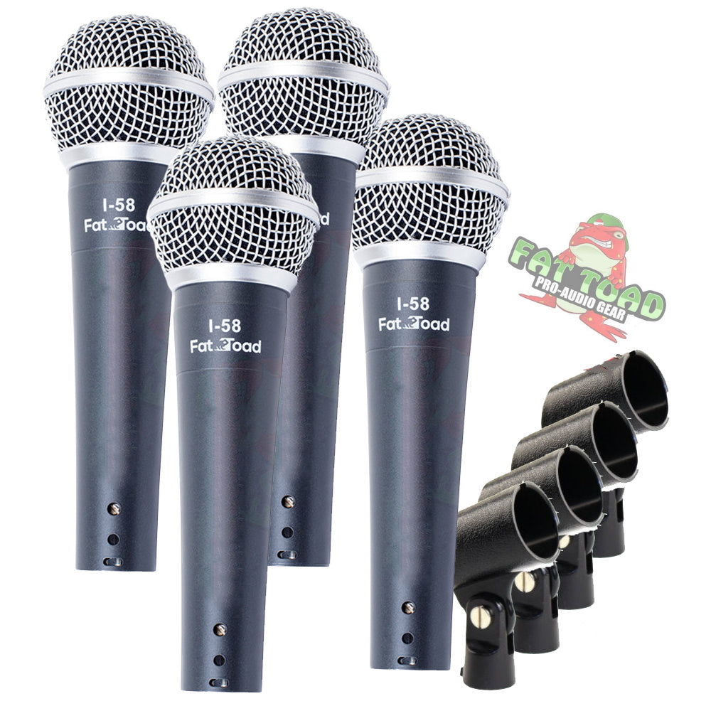 Cardioid Microphones with Clips (4 Pack) by FAT TOAD - Vocal Handheld, Wired Unidirectional Mic - Singing Microphone for Music Stage Performance