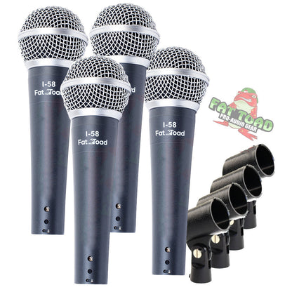 Cardioid Microphones with Clips (4 Pack) by FAT TOAD - Vocal Handheld, Wired Unidirectional Mic - Singing Microphone for Music Stage Performance