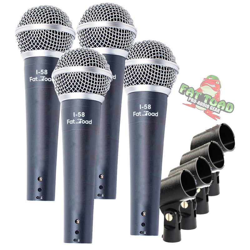 Cardioid Microphones with Clips (4 Pack) by FAT TOAD - Vocal Handheld, Wired Unidirectional Mic - Singing Microphone for Music Stage Performance