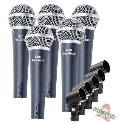 Studio Recording Microphones with Clips (5 Pack) by FAT TOAD - Vocal Handheld, Unidirectional Wired Mic - Cardioid Dynamic Singing Microphone