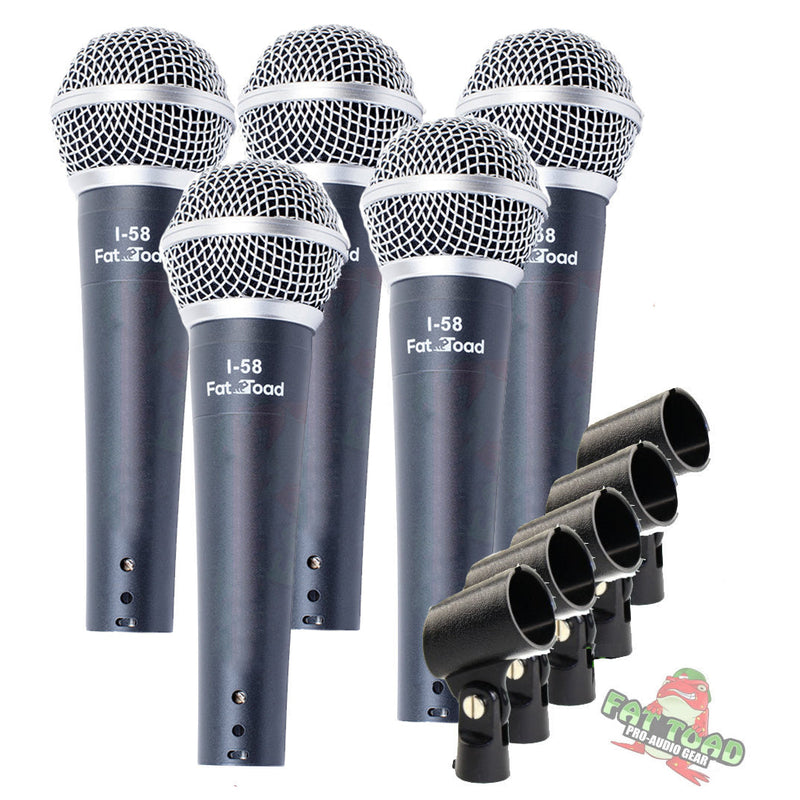 Studio Recording Microphones with Clips (5 Pack) by FAT TOAD - Vocal Handheld, Unidirectional Wired Mic - Cardioid Dynamic Singing Microphone