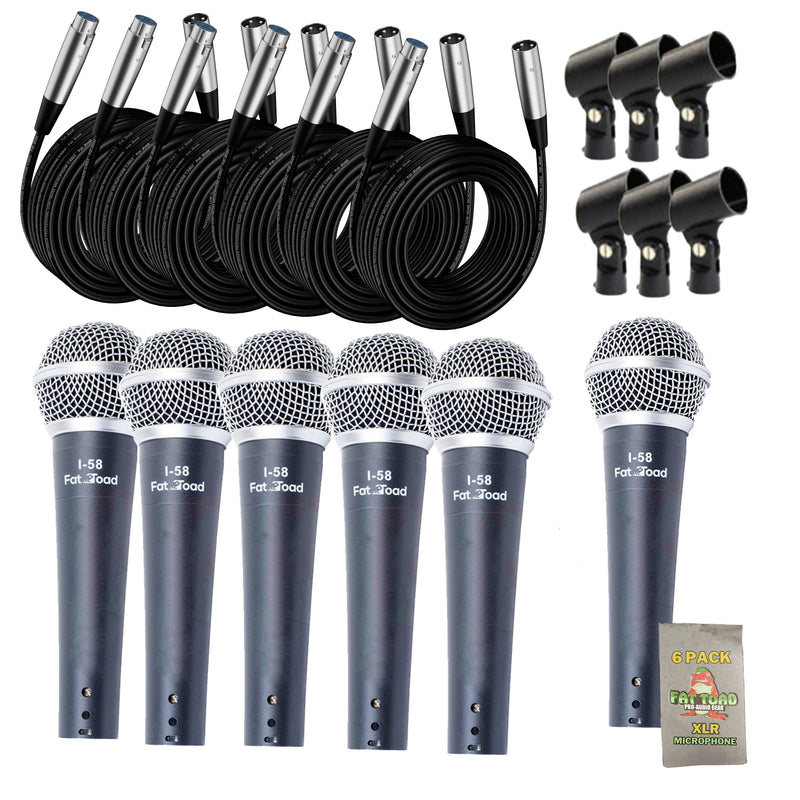 Cardioid Vocal Microphones with XLR Mic Cables & Clips (6 Pack) by FAT TOAD - Dynamic Handheld, Unidirectional for Studio Recording, Live Stage