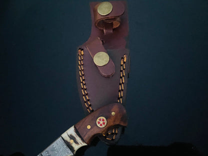 DAMASCUS STEEL FIXED BLADE KNIFE WITH WALNUT & STAG HORN HANDLE HUNTING KNIFE MINI TD-159X