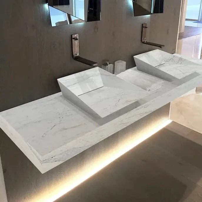 Handcrafted 80 Inch White Marble Double Bathroom Sink Wall Mount