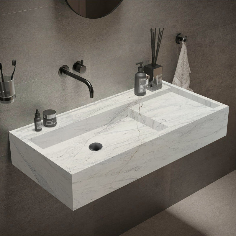 White Imperial Marble Modern Rectangular Wall Mounted Bathroom Sink 18 x 48 Inch