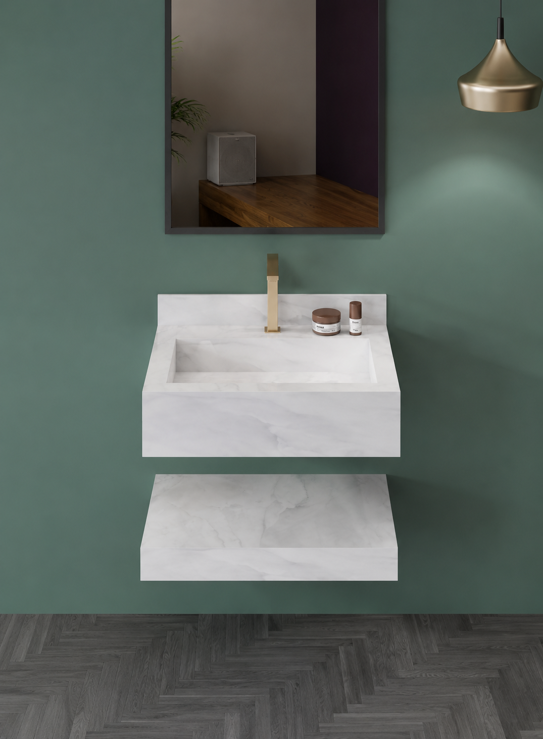 Anti Onyx Silver Luxury Engineered Stone Wall-Mount Bathroom Sink, Floating Basin with Integrated Double Ledge – NACS Collection