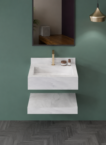 Anti Onyx Silver Luxury Engineered Stone Wall-Mount Bathroom Sink, Floating Basin with Integrated Double Ledge – NACS Collection