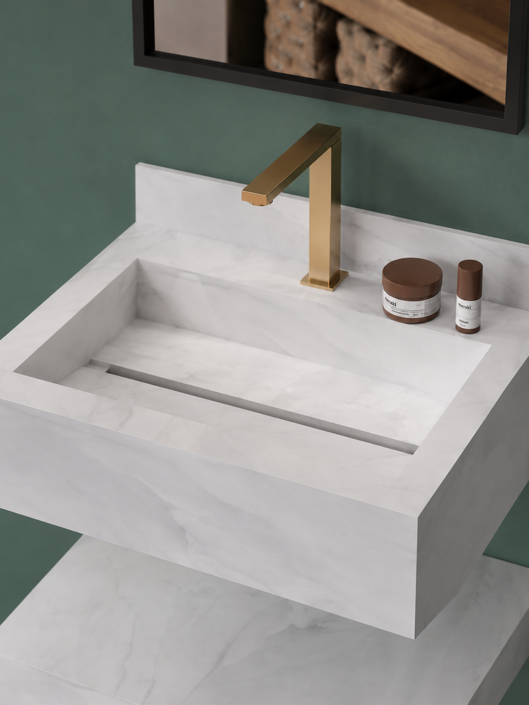 Anti Onyx Silver Luxury Engineered Stone Wall-Mount Bathroom Sink, Floating Basin with Integrated Double Ledge – NACS Collection