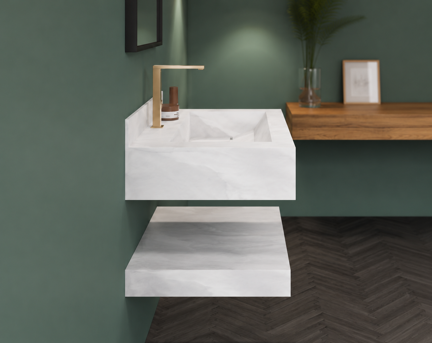 Anti Onyx Silver Luxury Engineered Stone Wall-Mount Bathroom Sink, Floating Basin with Integrated Double Ledge – NACS Collection