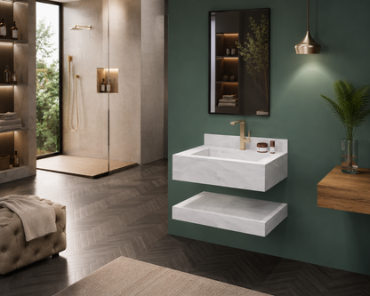 Anti Onyx Silver Luxury Engineered Stone Wall-Mount Bathroom Sink, Floating Basin with Integrated Double Ledge – NACS Collection