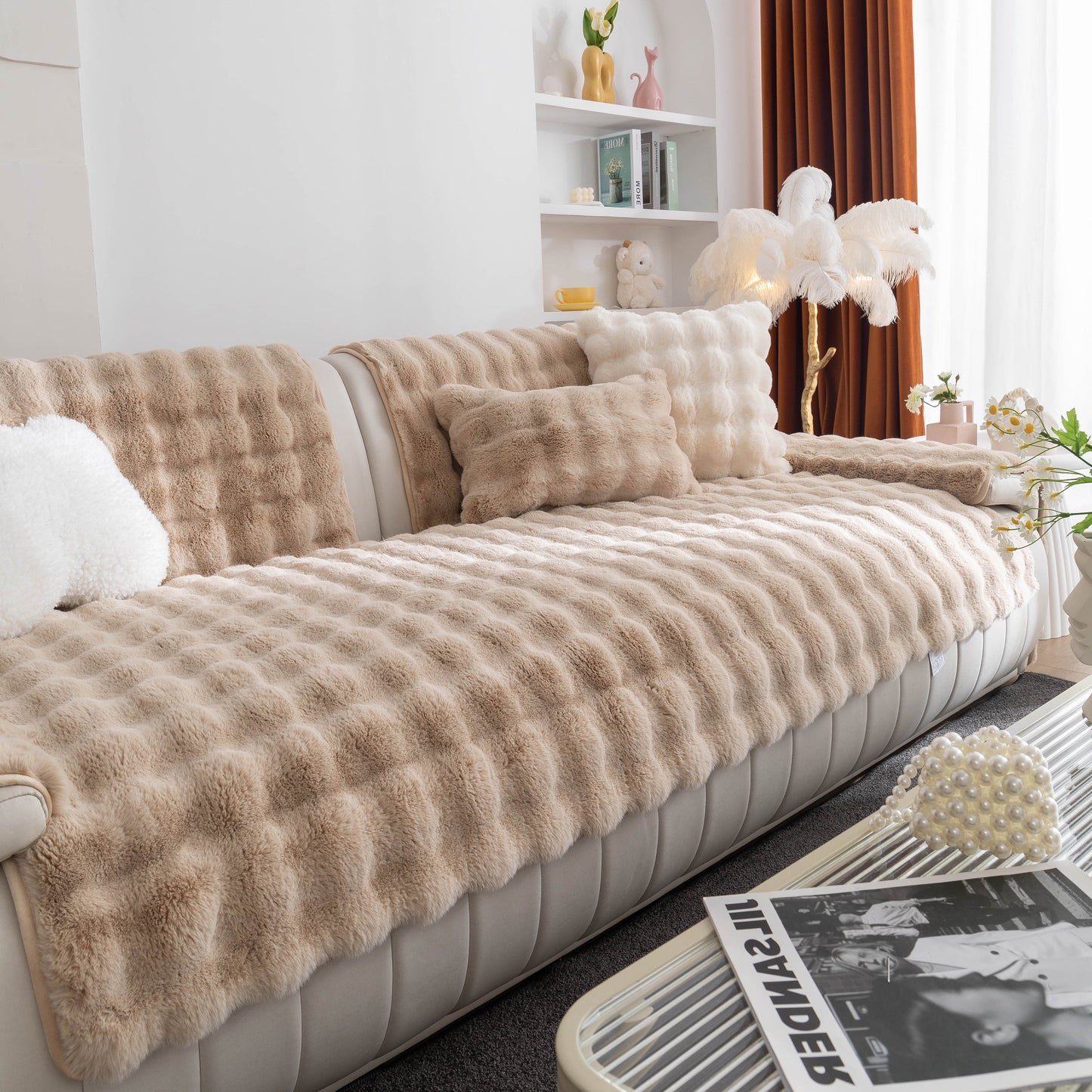 Thick Sofa Cushion Solid Color Faux Fur Fluffy Sofa Cushion Non-Slip Couch Covers