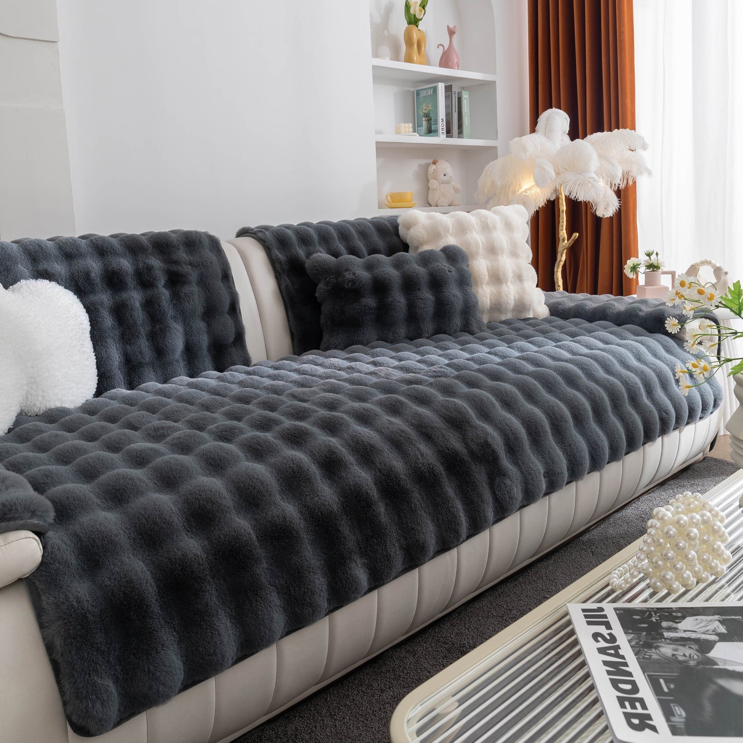 Thick Sofa Cushion Solid Color Faux Fur Fluffy Sofa Cushion Non-Slip Couch Covers