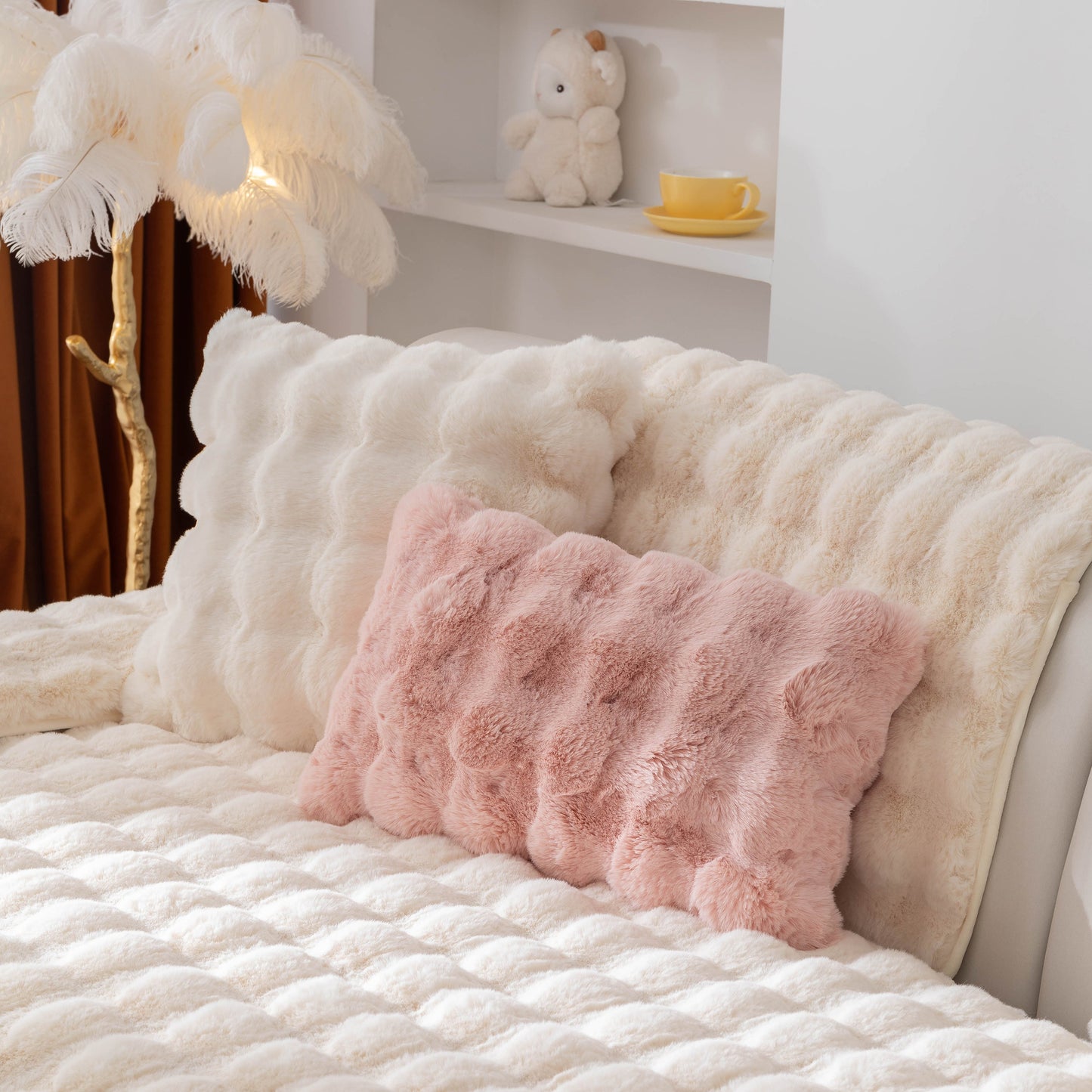 Thick Sofa Cushion Solid Color Faux Fur Fluffy Sofa Cushion Non-Slip Couch Covers