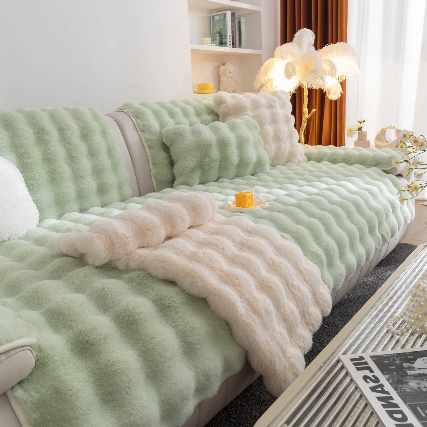 Thick Sofa Cushion Solid Color Faux Fur Fluffy Sofa Cushion Non-Slip Couch Covers