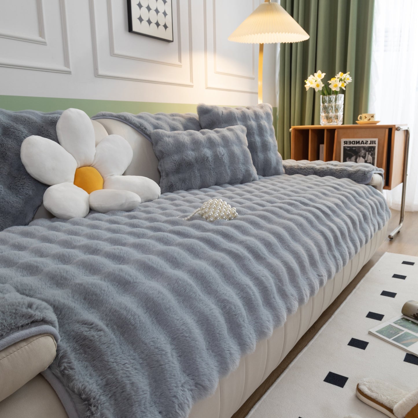 Thick Sofa Cushion Solid Color Faux Fur Fluffy Sofa Cushion Non-Slip Couch Covers