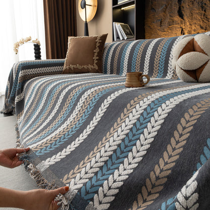 Cozy Decorative Throw Blanket for Couches, Boho Plush Woven Sofa Cover with Stripes