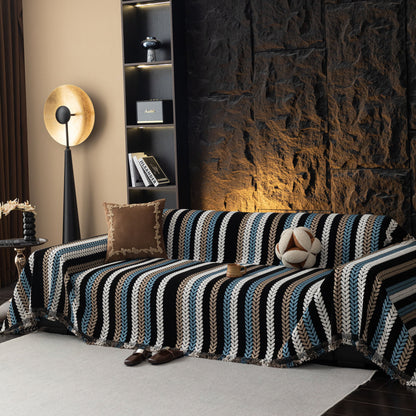 Cozy Decorative Throw Blanket for Couches, Boho Plush Woven Sofa Cover with Stripes