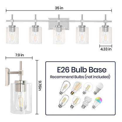 Jasper Modern Brushed Nickel & Black Clear Glass 5-Light Bathroom Linear Vanity Light