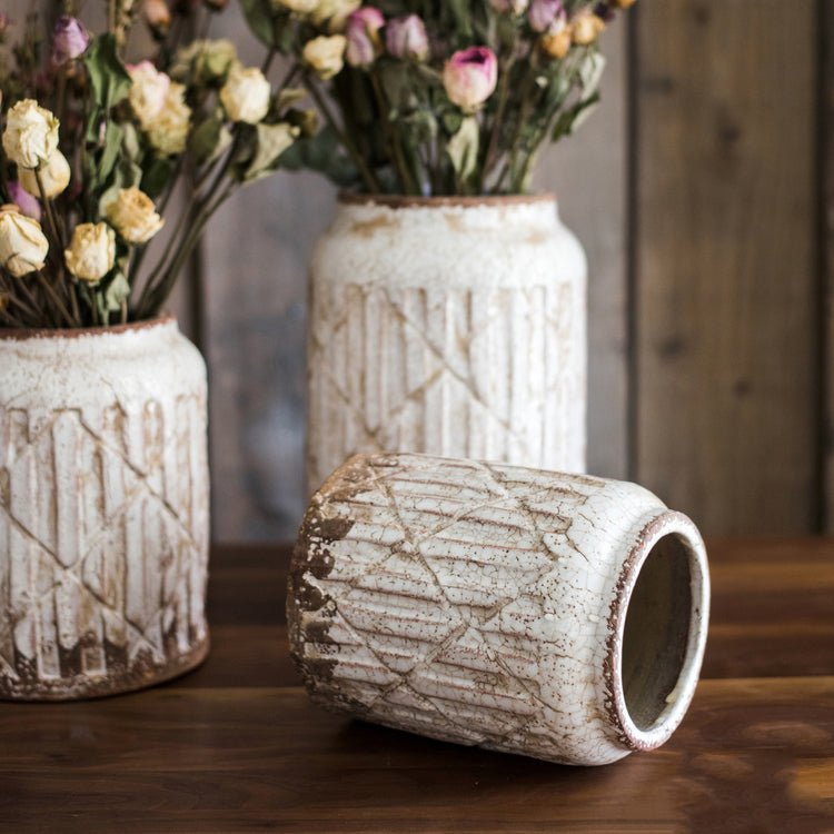 Distressed White Ceramic Flower Jar Vase, view 2