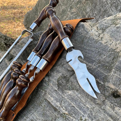 “Quiver Max" Camping Accessories BBQ Skewers Set  in a Leather Case, 9 items