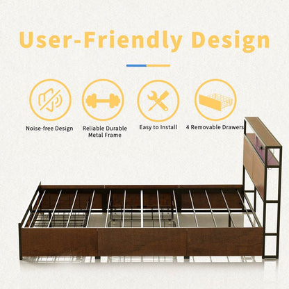 King size Platform Bed with Headboard and Storage Drawers in Brown Wood Finish