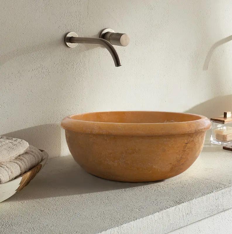 Round Gold Honed Travertine Vessel Sink 16 Inch Natural Bath