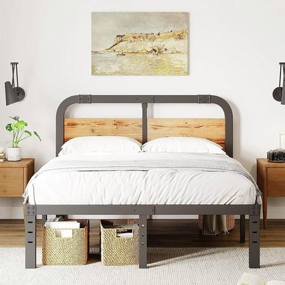 King Heavy Duty Black Metal Bed Frame with Solid Wood Panel Headboard