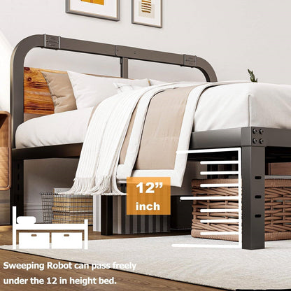 King Heavy Duty Black Metal Bed Frame with Solid Wood Panel Headboard