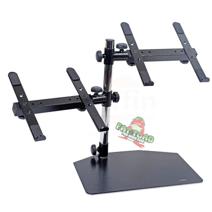 Double DJ Laptop Stand by FAT TOAD | 2 Tier PC Table Holder | Portable Computer Clamp Equipment Rack with Support Mounts for Music Studio Mixers, Controllers, Monitors, & Disc Jockey Booth Gear