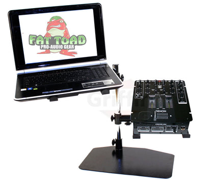 Double DJ Laptop Stand by FAT TOAD | 2 Tier PC Table Holder | Portable Computer Clamp Equipment Rack with Support Mounts for Music Studio Mixers, Controllers, Monitors, & Disc Jockey Booth Gear
