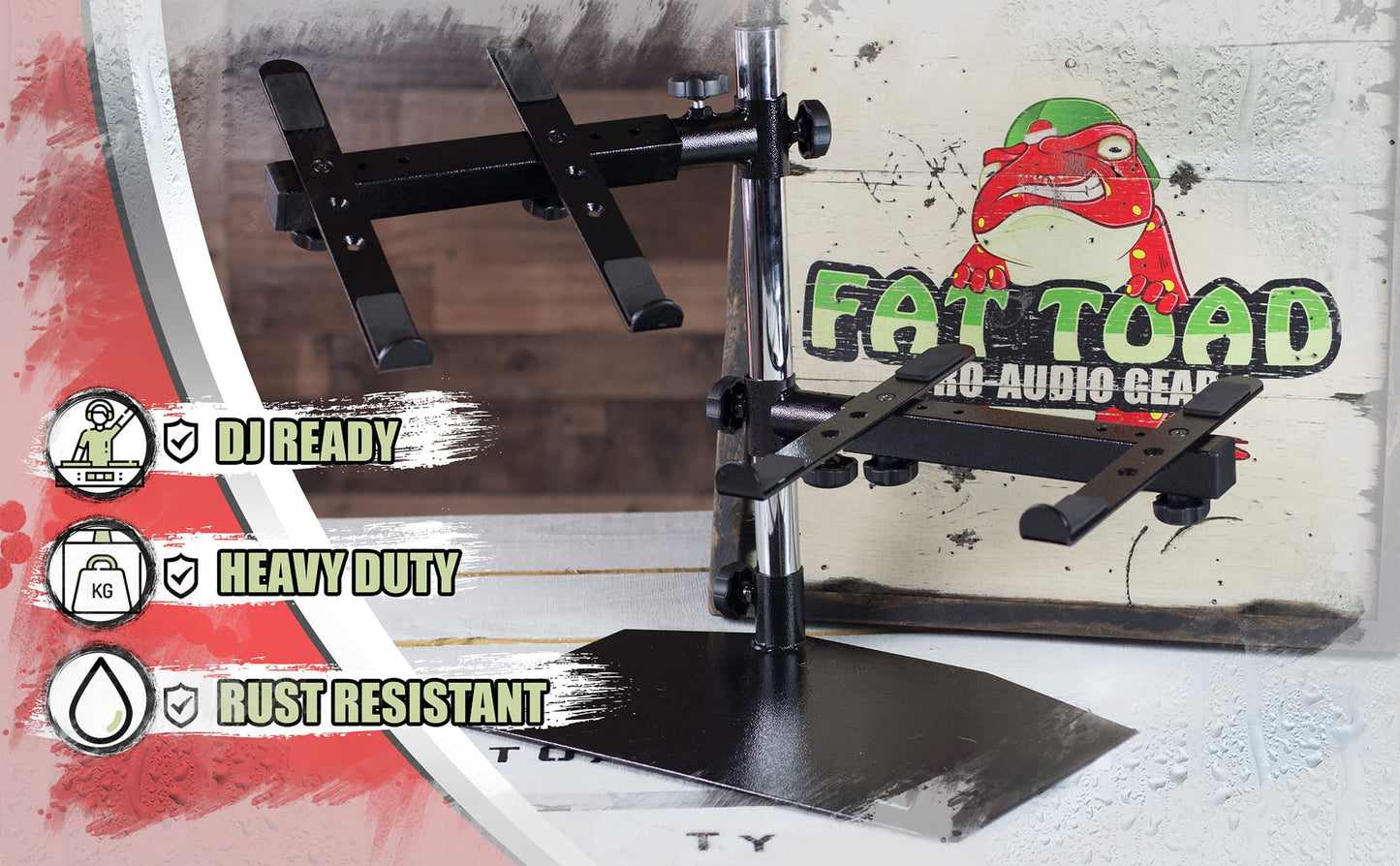 Double DJ Laptop Stand by FAT TOAD | 2 Tier PC Table Holder | Portable Computer Clamp Equipment Rack with Support Mounts for Music Studio Mixers, Controllers, Monitors, & Disc Jockey Booth Gear