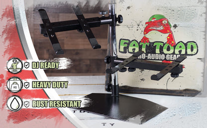 Double DJ Laptop Stand by FAT TOAD | 2 Tier PC Table Holder | Portable Computer Clamp Equipment Rack with Support Mounts for Music Studio Mixers, Controllers, Monitors, & Disc Jockey Booth Gear