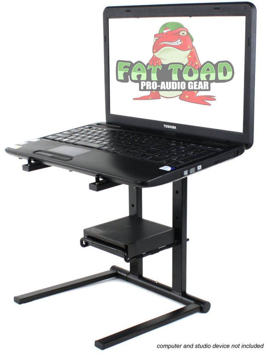 Folding DJ Laptop Stand with Sub-tray Shelf by FAT TOAD - Pro Audio Computer Table Top Rack Stand Mount for iPads, Mixer Controller & Tablets PC Gear
