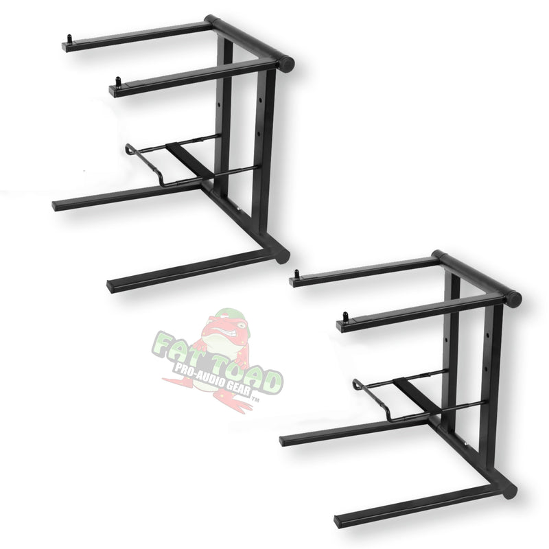 DJ Laptop Stand with Sub-Tray Shelf (2-PACK) by FAT TOAD - Folding Pro Audio Computer Tabletop Rack Stand for iPads, Mixers & Tablets - Portable PC Stand for Stage, Booth & Office