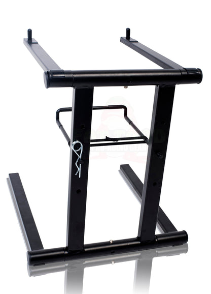 Folding DJ Laptop Stand with Sub-tray Shelf by FAT TOAD | Pro Audio Computer Table Top Rack Stand Mount for iPads, Mixer Controller & Tablets | Portable PC Gear Clamp Holder | Stage Booth, Home Office