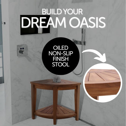 Tanzania Oiled Teak Shower and Bath Corner Stool with Shelf - 17.5"