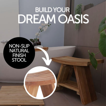 Siena Natural Teak Shower and Bath Stool with Curved Seat and Shelf