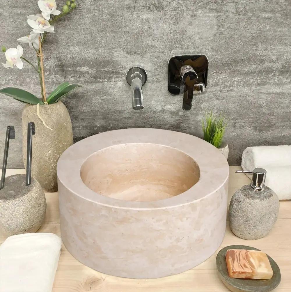 Handcrafted Beige Travertine Round 18 Inch Natural Stone Bathroom Sink