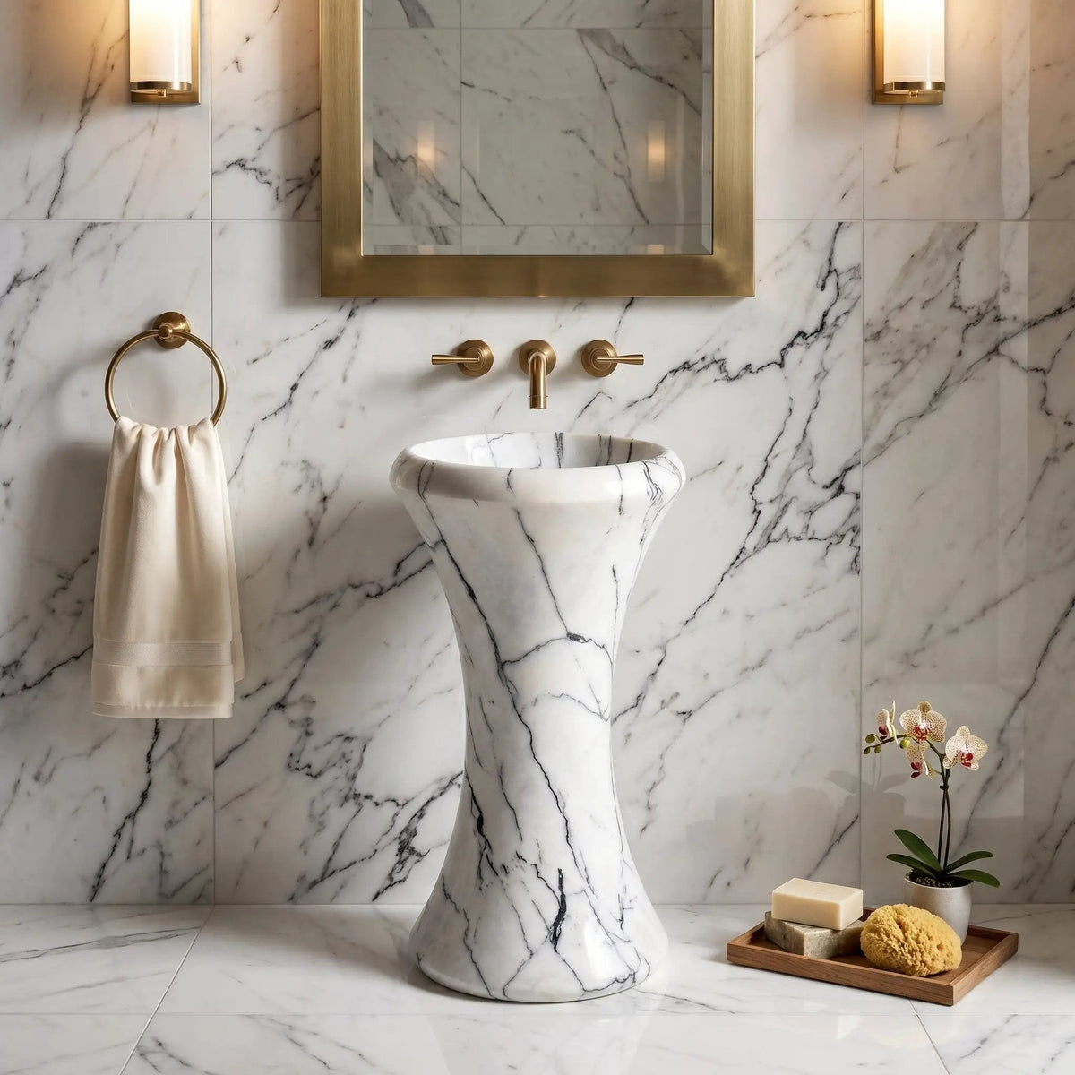 White Marble Pedestal Bath Basin Sink For Home Modern Bathroom
