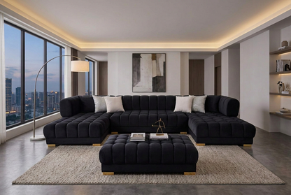 Lipa Black Velvet Double Chaise "U" Shape Sectional Sofa