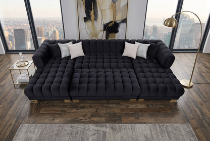 Lipa Black Velvet Double Chaise "U" Shape Sectional Sofa