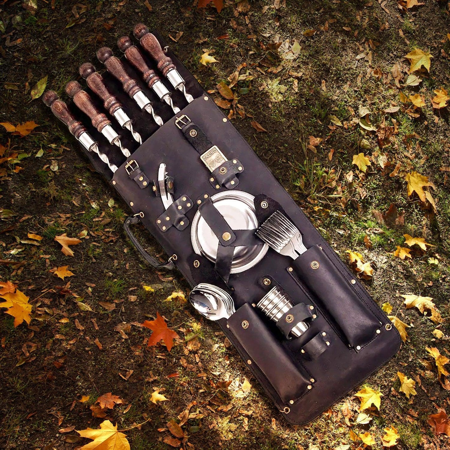 “The Traveler" Camping Accessories BBQ Skewers Set in a Leather Case , 35 items