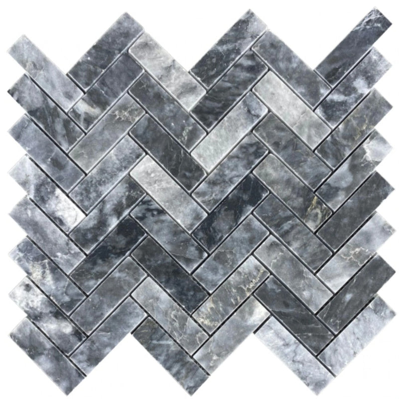 Luna Sky Marble 1"x3" Herringbone on 12" x 12" Mesh Mosaic Tile
