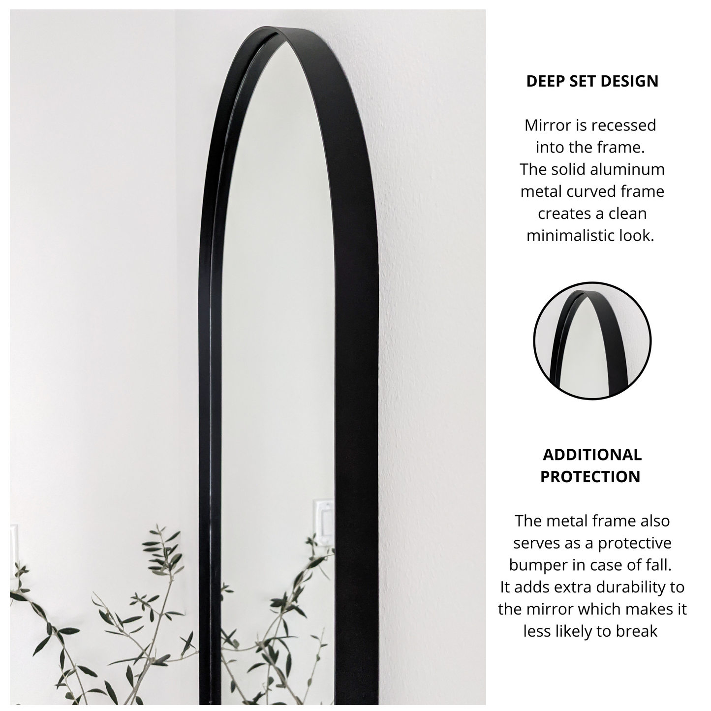 64"x24" Black Metal Arched Wall Mirror, Thin Edge Full Length, Deep Set Mirror MB6424
