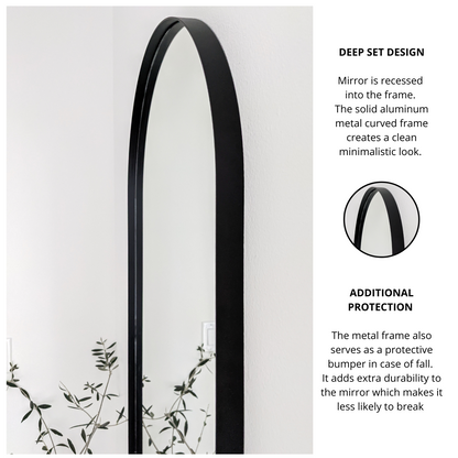 64"x24" Black Metal Arched Wall Mirror, Thin Edge Full Length, Deep Set Mirror MB6424