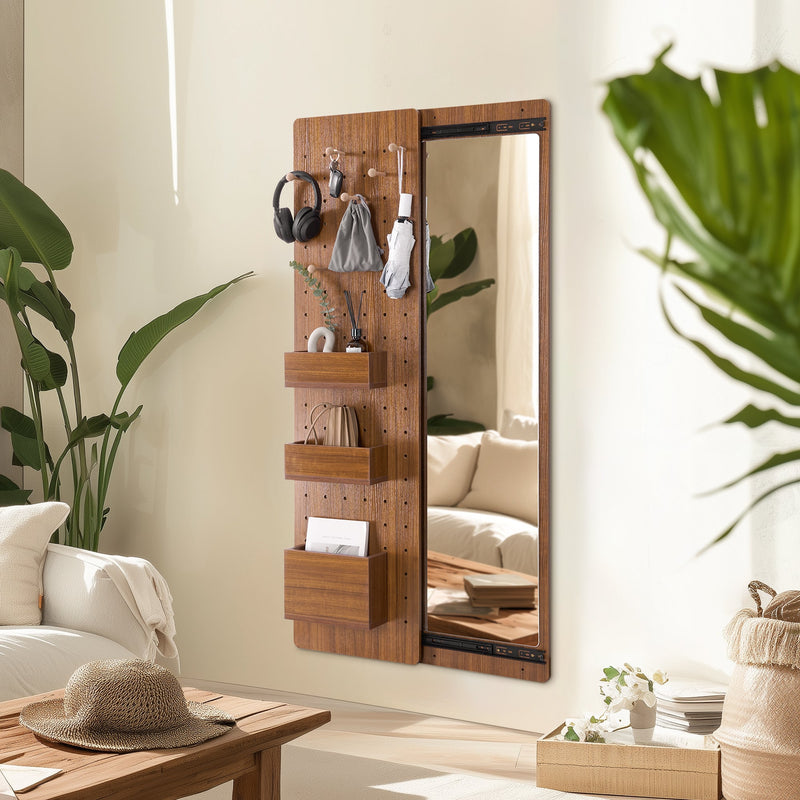 Walnut Pegboard Storage Dressing Mirror Cabinet